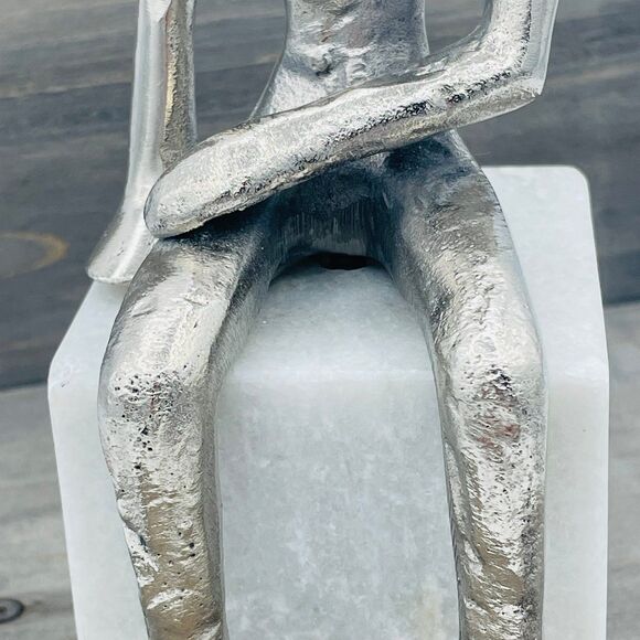 Modern Style Statue of Silver Metal Seated Human Figure Upon Marble Cube Bookend - Picture 8 of 11